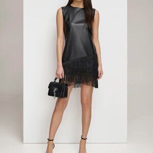 Dkny Women's Black Faux Leather Fringe Trim Sleeveless Dress Size: 6